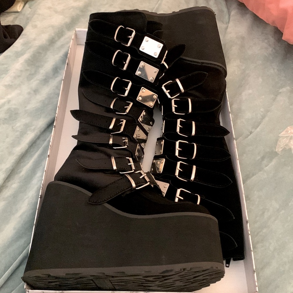 Demonia - Velvet Platform Boots with Buckles
